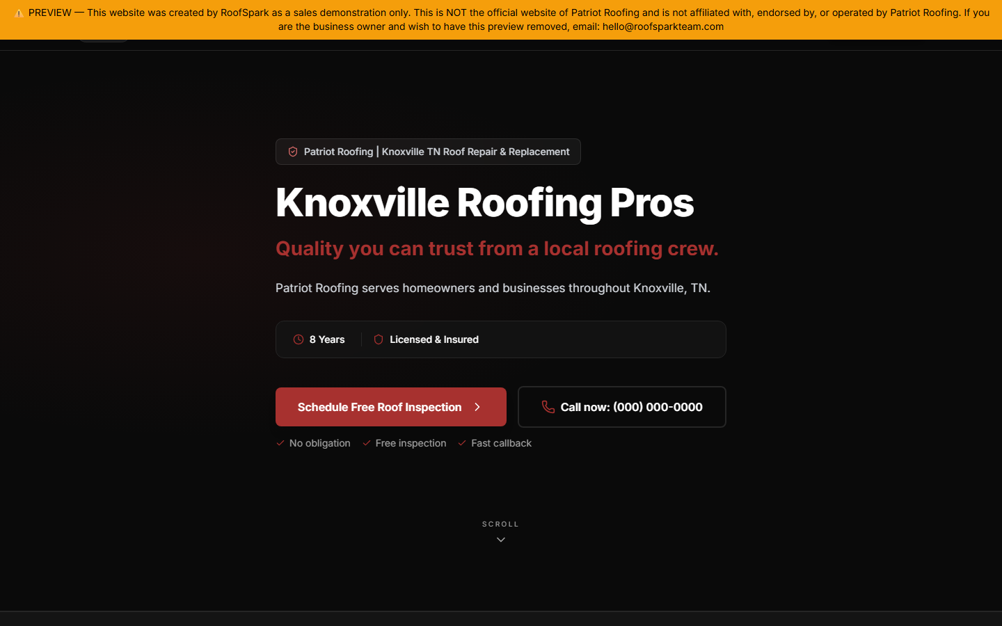 Example roofing website built by RoofSpark